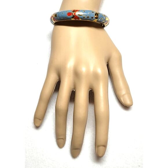 Goldtone Blue Red Flower Enamel Metal Cloisonne Hinged Bangle Bracelet 7" - Picture 3 of 4